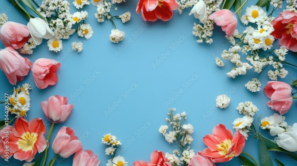 Poster spring floral frame on blue backdrop with space for text arranged in a flat lay style