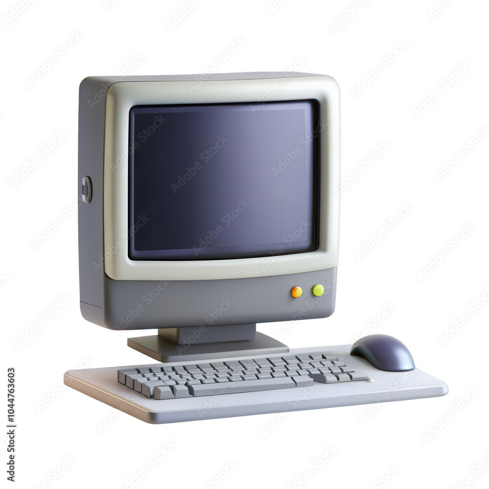 Poster a stylized 3d render of a retro computer with a monitor, keyboard, and mouse. the design features mi