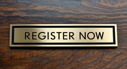 register now engraved text on gold name plate sign 