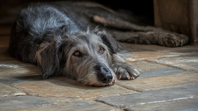 Scottish deerhound resting on a stone floor indoors exhibiting a bored and tired expression