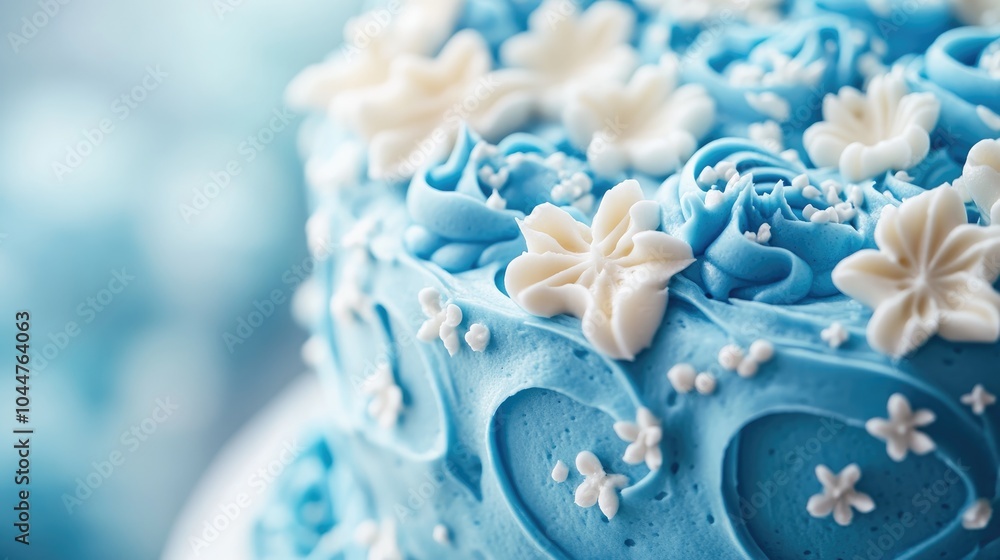 Poster a close up view of a blue cake adorned with creamy frosting highlighting its texture and intricate d