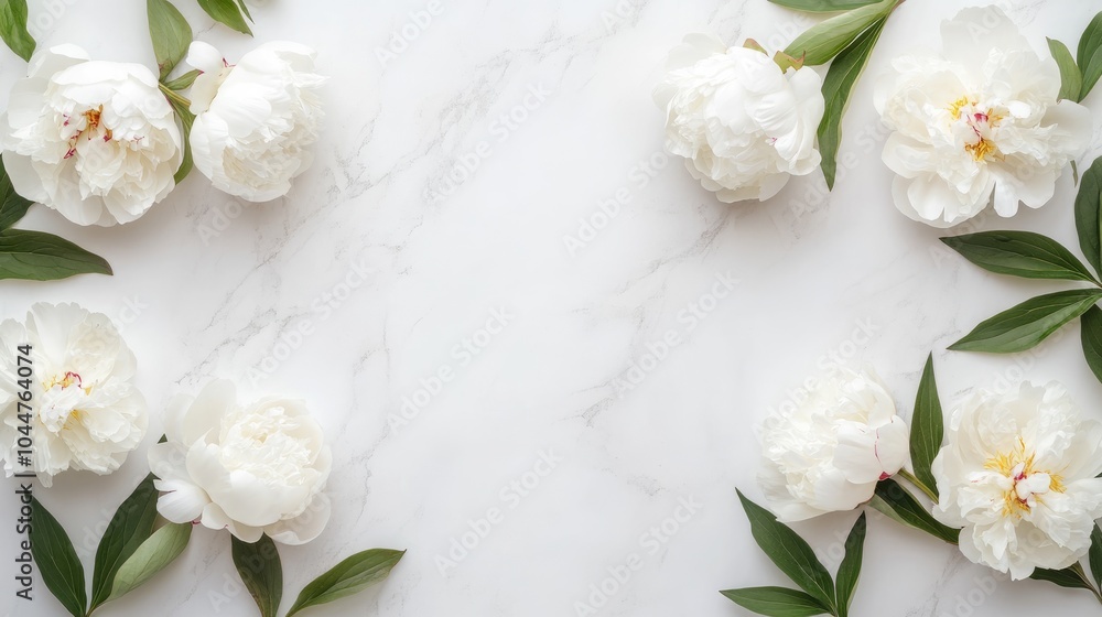 Poster white peony flowers arranged in a minimalistic flat lay border creating ample copy space