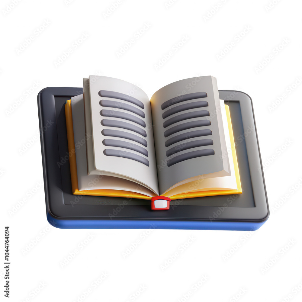 Poster a digitally rendered image of an open book placed on a tablet, showcasing a modern design. the book 