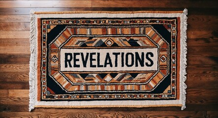 Revelations text on mat rug in wooden floor background