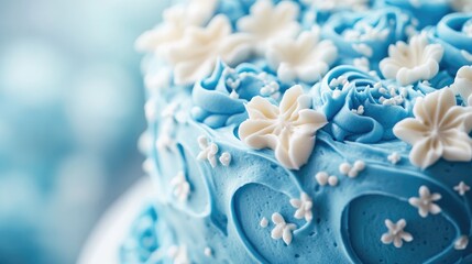 A close up view of a blue cake adorned with creamy frosting highlighting its texture and intricate design