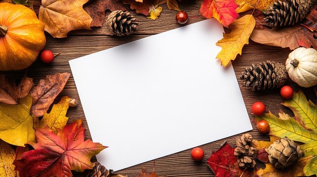 A4 sheet displayed alongside a vibrant autumn arrangement featuring colorful leaves and seasonal decor ideal for Thanksgiving marketing on social media