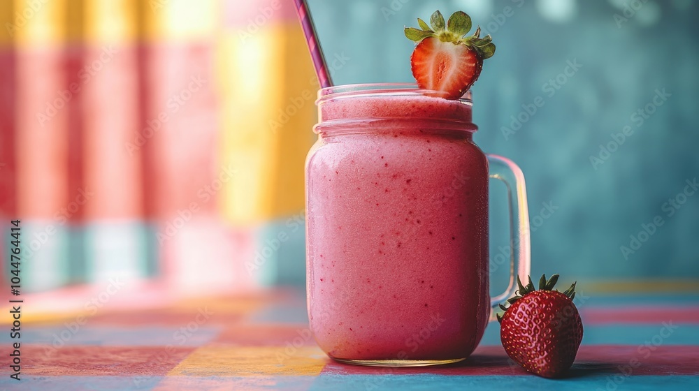 Aufkleber fresh strawberry smoothie in a mason jar on a colorful table a nutritious option for breakfast or a 