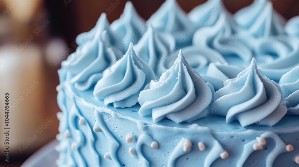 Poster a close up view of a blue cake adorned with creamy frosting highlighting its texture and intricate d