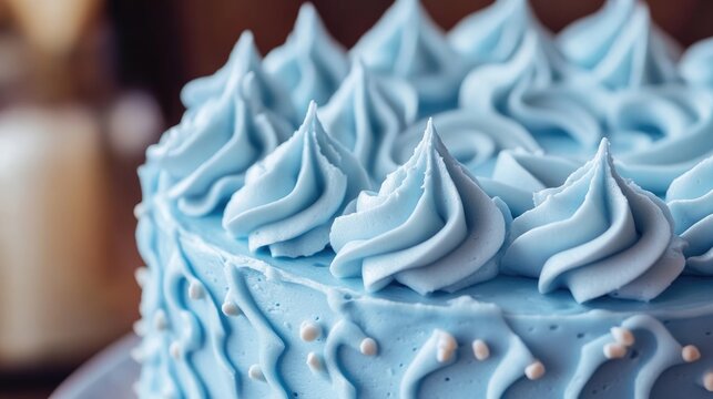 A close up view of a blue cake adorned with creamy frosting highlighting its texture and intricate design