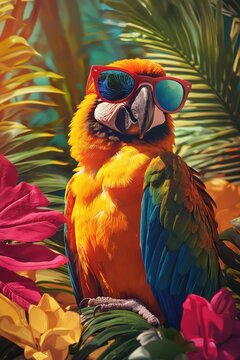 Vibrant commercial setting featuring a parrot wearing sunglasses.
