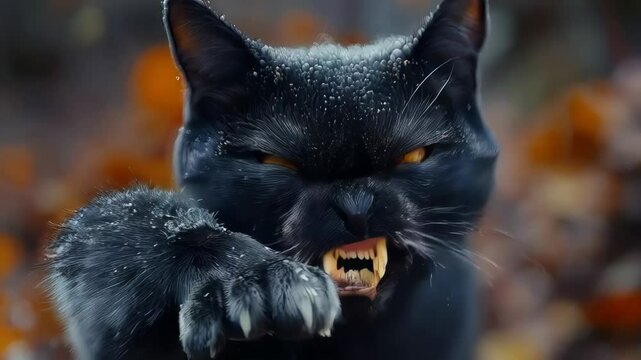 Spooky black cat with sharp claws attacking and on blurred background, perfect for halloween projects. Dark fur and intense eyes create suspense, ideal for october celebrations