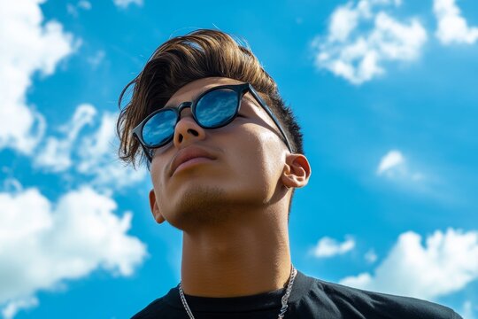 Young man wearing stylish sunglasses looking up against a bright blue sky with fluffy white clouds on a sunny day