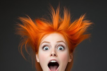 Woman with orange hair has her mouth open in surprise. hair is wild and unkempt, giving the impression of a crazy, energetic, and fun-loving personality. person with hair standing up due to static,