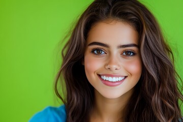 Naklejka premium Woman with long brown hair and bright smile. cheerful and positive mood. pretty young girl keyboard typing work computer drink coffee wear blue shirt coworking programmer successful nice light office