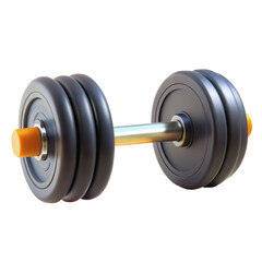 This image showcases a realistic 3d dumbbell with black weights and an orange handle, perfect for fitness enthusiasts.