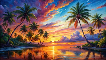 Tropical sunset painting with trees on canvas