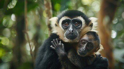 Obraz premium Close up of a yellow-cheeked siamang monkey with its baby in the forest.