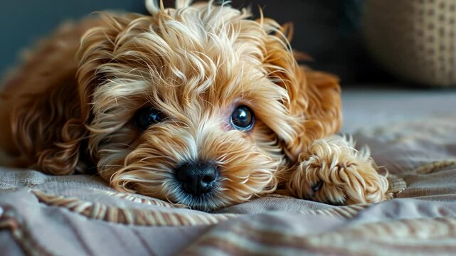 Adorable puppy relaxing comfortably on soft bedding at home