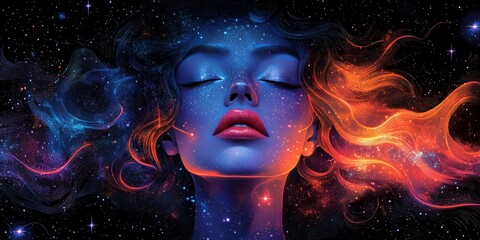 Retro pop art of a woman in vibrant psychedelic colors and 70s style