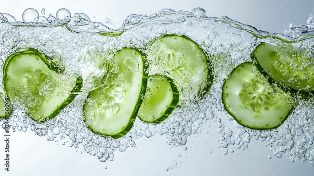 Poster sliced cucumbers immersed in sparkling water against a bright white background showcasing vibrant te