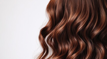 Naklejka premium Curly brown hair isolated against a white backdrop Gorgeous vibrant long chocolate locks showcasing haircuts and styles Concepts of dyed hair coloring extensions care and treatment Banner