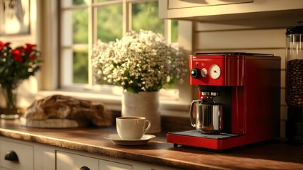 Cozy kitchen with a red coffee maker, fresh flowers, and a warm cup of coffee.