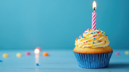 Seventy birthday candle atop a cupcake with a blue backdrop
