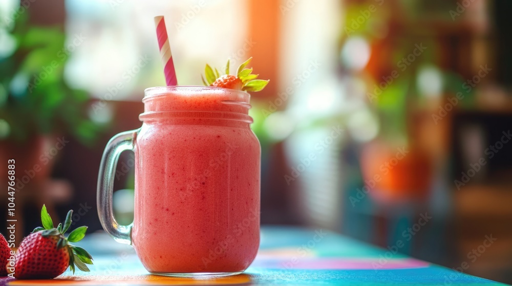 Aufkleber fresh strawberry smoothie in a mason jar on a colorful table a nutritious option for breakfast or a 