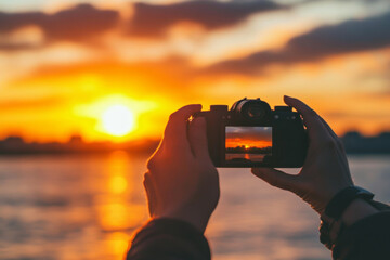 Capturing the sunset over the water with a camera in hand during golden hour by the riverside