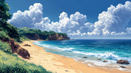 Serene Beach with Calm Waters and Lush Greenery, Peaceful Coastal Landscape with Clear Blue Sky