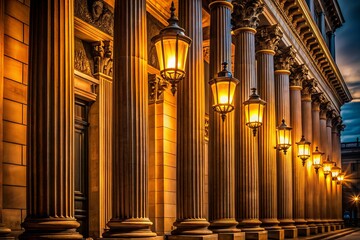 Captivating Low Light Photography of Illuminated Columns on Historic City Buildings at Night