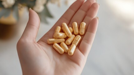 Obraz premium Top view of herbal vitamin supplement capsules in a woman s hand set against a blank background Emphasizes the concept of healthy eating