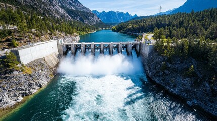 Majestic hydroelectric dam spanning a wide river, sunlight reflecting off the flowing water as it rushes through the turbines, creating a serene yet powerful scene