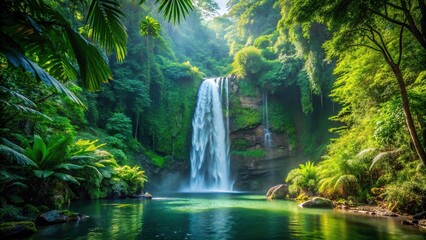Naklejka premium Tropical waterfall hidden in foliage silhouette