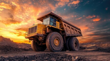 A robust dump truck maneuvers on a construction site facing the camera against a backdrop of a dramatic sunset sky
