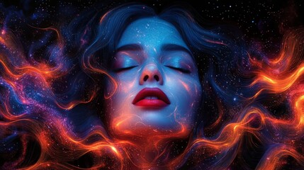 Retro pop art of a woman in vibrant psychedelic colors and 70s style