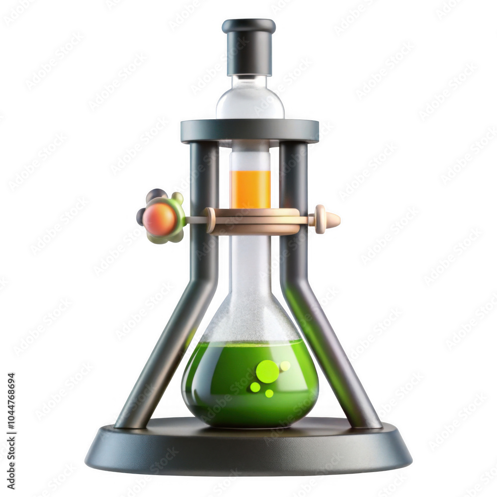 Poster a vibrant and colorful laboratory flask with green liquid and orange indicator, showcasing a mix of 