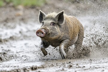 A Playful Piglet Splashes Through Mud: Joyful Moments in Nature Captured in Motion