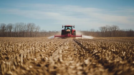 Fototapeta premium Tractor applying pesticides in a soybean field during the spring season