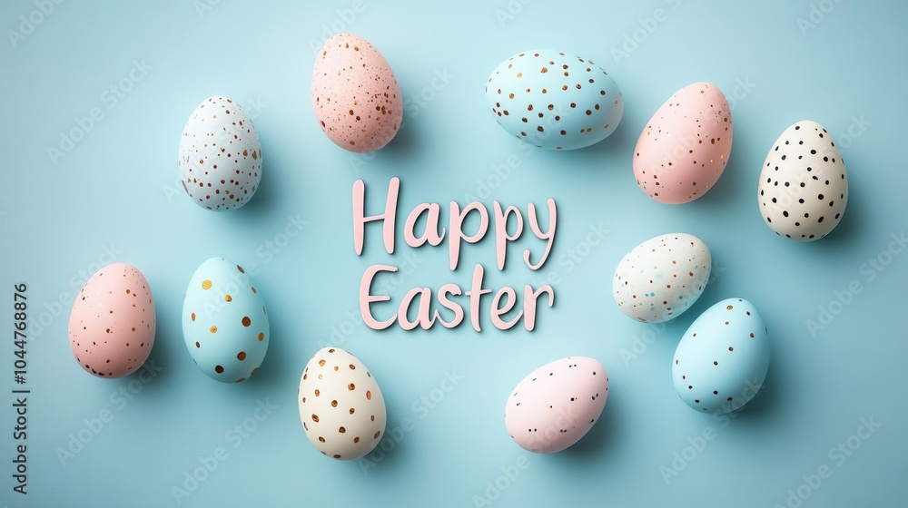 Poster A cheerful Happy Easter message featuring pastel colored eggs on a soft background arranged in a flat lay with ample copy space