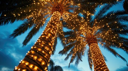 Palm trees adorned with Christmas garland and fairy lights illuminate the night featuring LED bulbs wrapped around their trunks against a blue sky backdrop Christmas lights on palm trees