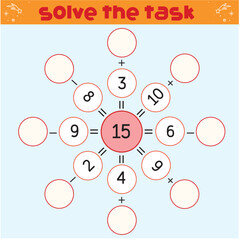 Worksheet. Mathematical puzzle game. Learning mathematics, tasks for addition for preschool children. worksheet for preschool kids - vector - Vektör