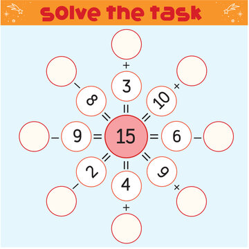Worksheet. Mathematical puzzle game. Learning mathematics, tasks for addition for preschool children. worksheet for preschool kids - vector - Vekt&ouml;r