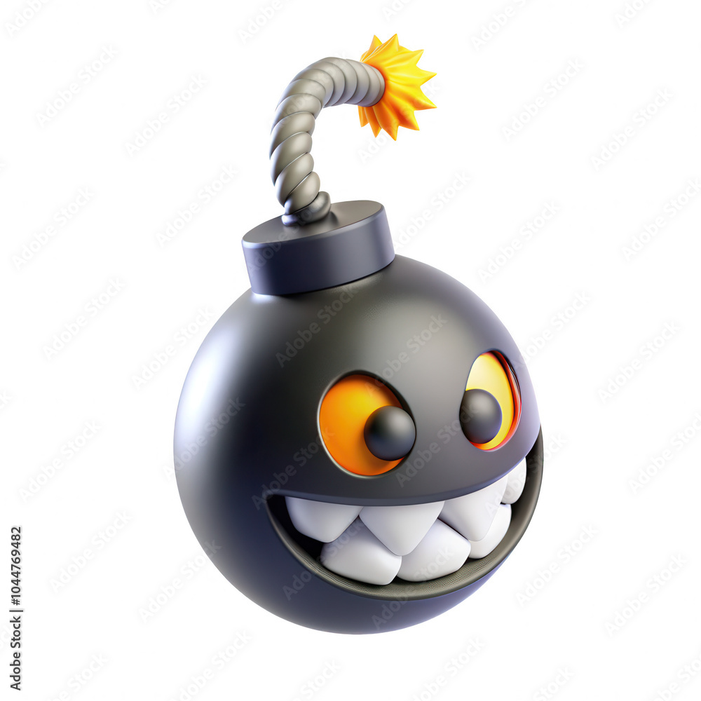 Poster a playful cartoon bomb character rendered in 3d with a mischievous grin and bright features. ideal f