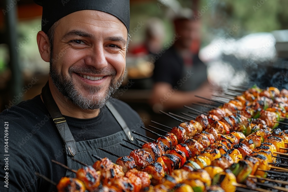 Poster Man is smiling and holding a tray of skewers. The skewers are of different colors and are being grilled