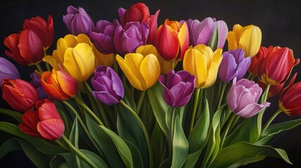 Fototapeta premium Vibrant bouquet of yellow purple and red tulips