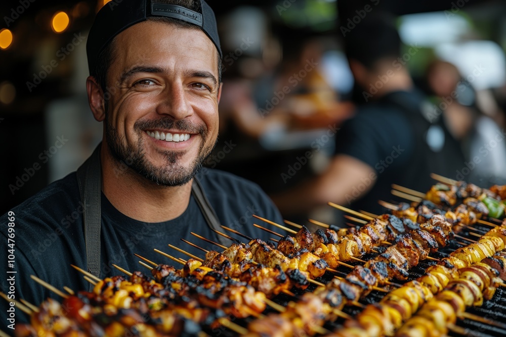 Poster man is smiling and holding skewers of food. the skewers are on a grill and appear to be cooked