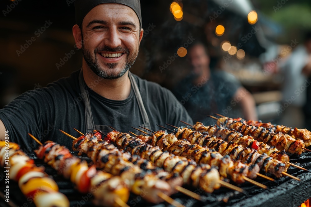 Poster man is smiling and holding a tray of skewers on a grill. scene is happy and inviting, as the man is 