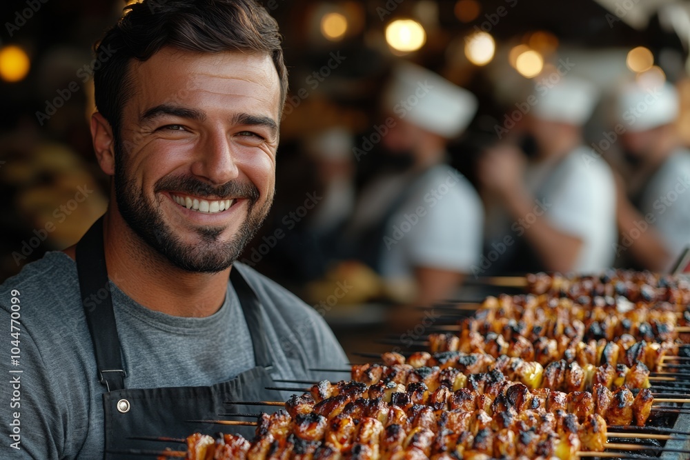 Poster man is smiling and standing behind a grill with skewers of food on it. the atmosphere seems to be li