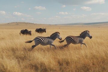Naklejka premium Graceful Zebras Sprinting Across the Golden Savanna, Capturing the Essence of Wildlife and Freedom in Their Natural Habitat.